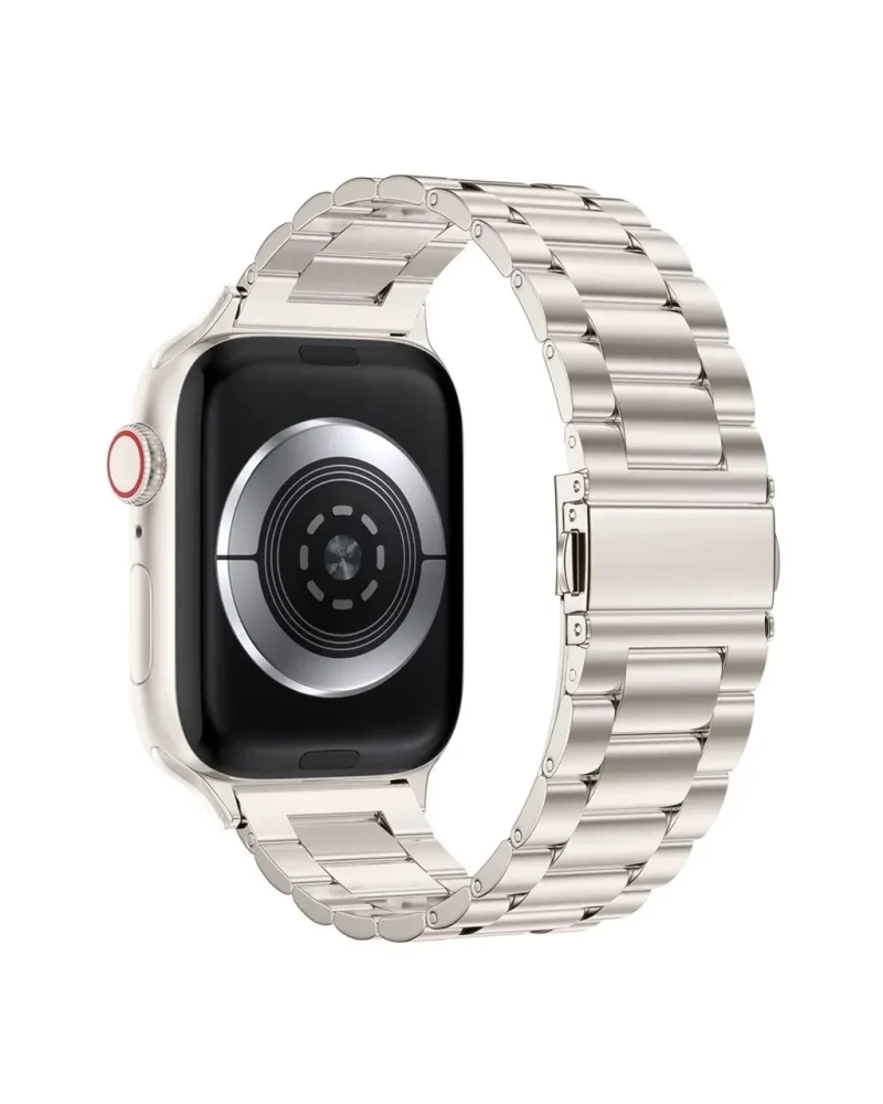 Starlight stainless steel smartwatch with metal link band and red crown