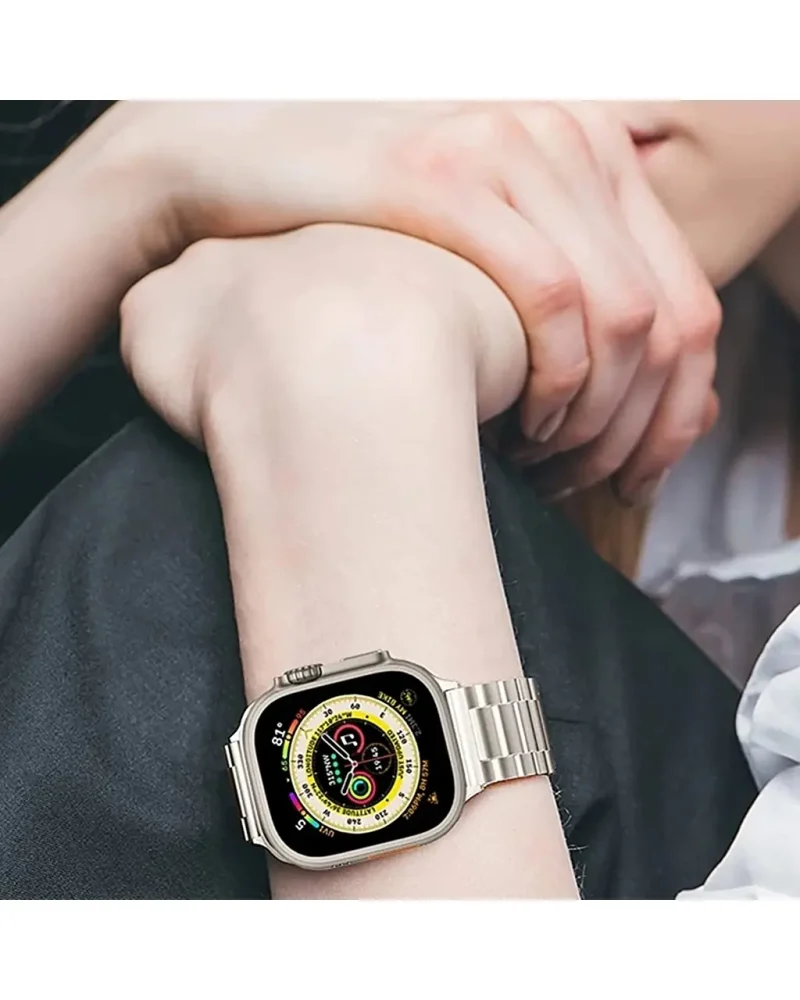 Silver stainless steel smartwatch with yellow dial display and metal band