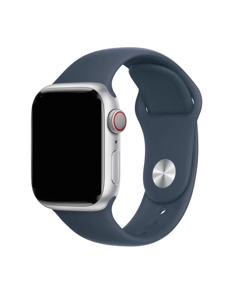 Silver smartwatch with storm blue sport band and red digital crown