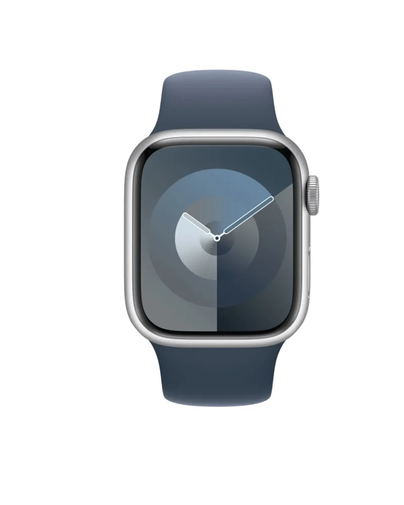 Silver smartwatch with storm blue sport band and minimalist watch face display