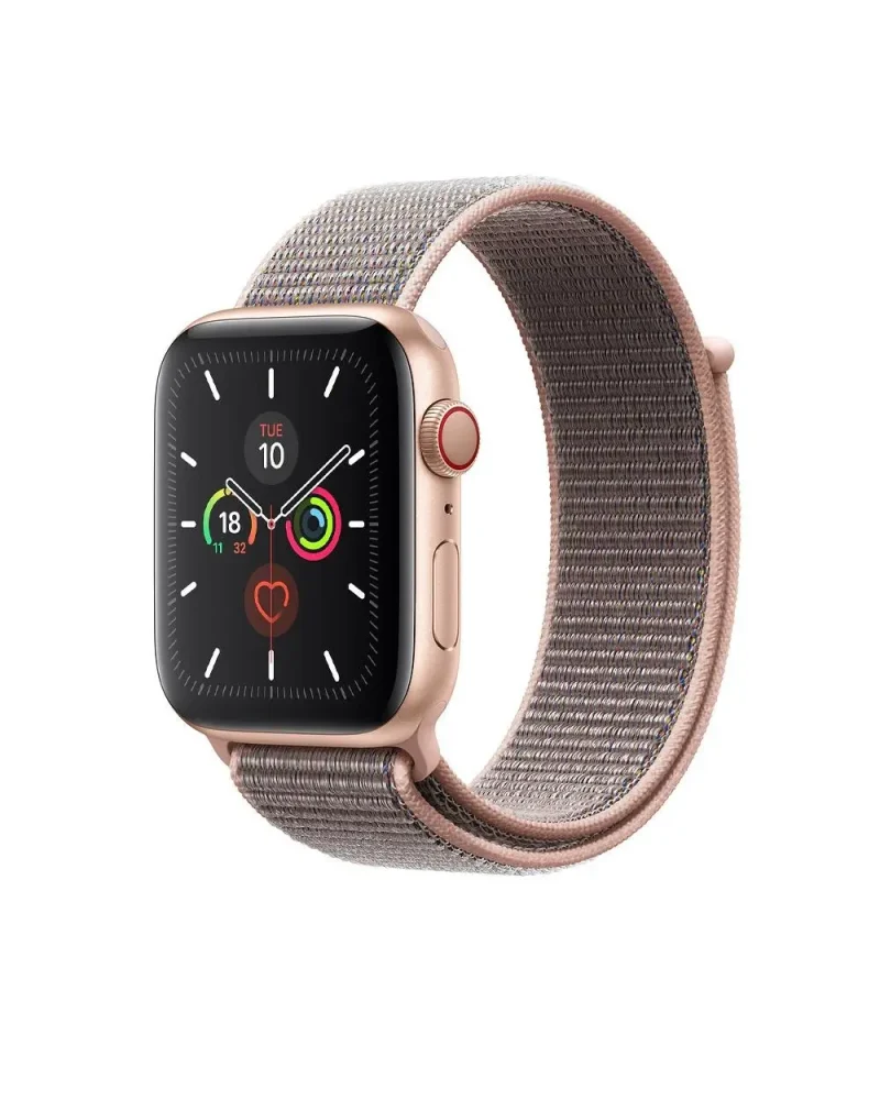 Rose gold smartwatch with pink fabric sport loop band and black display