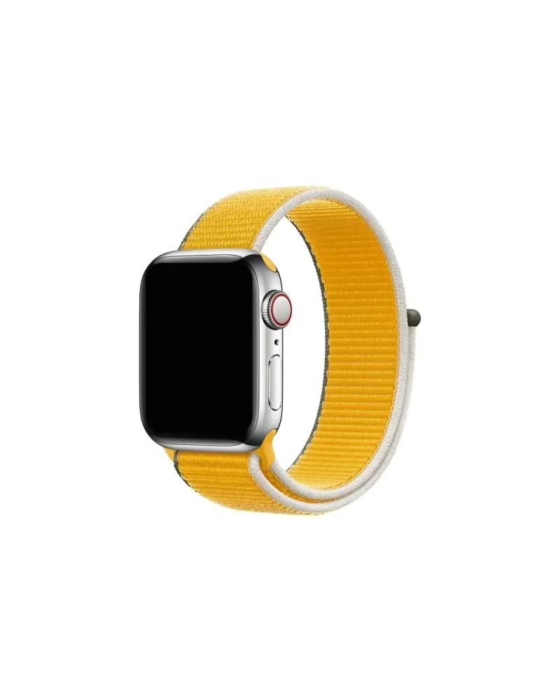 Apple Watch with yellow sport loop band and silver stainless steel case