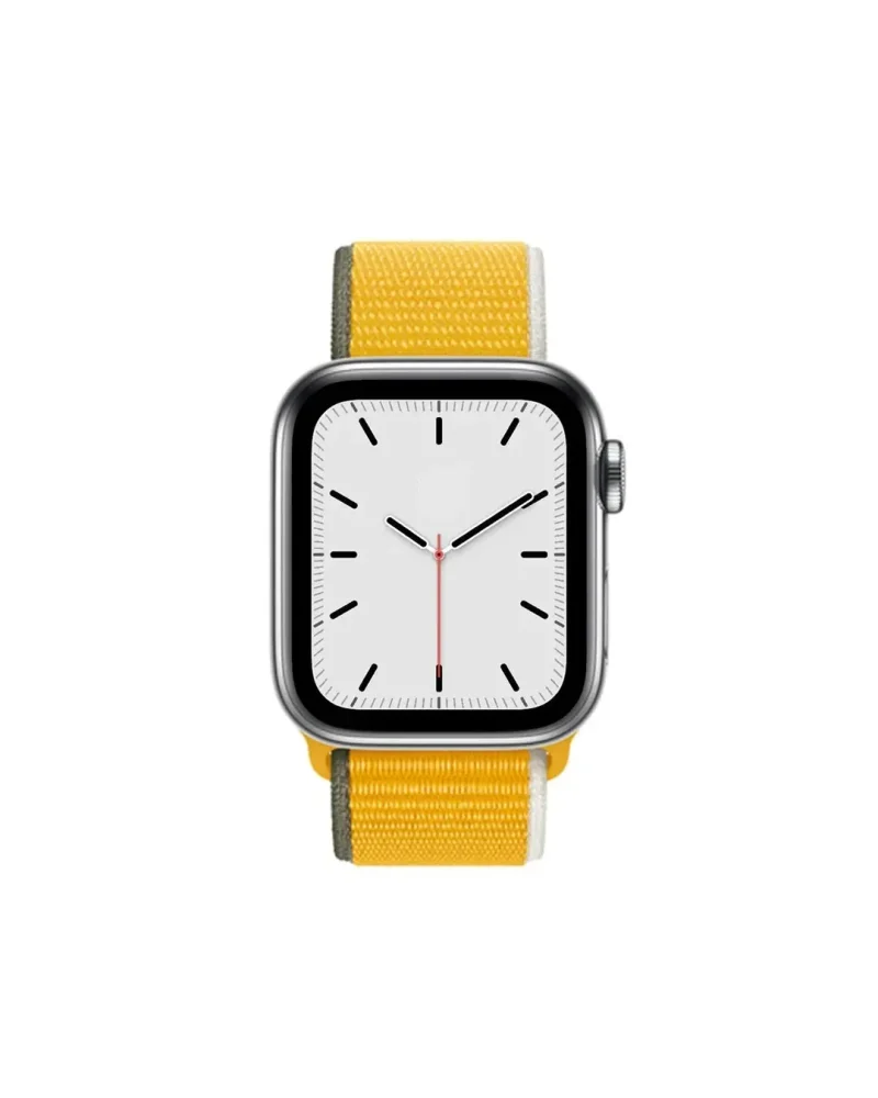 Smartwatch with silver case and yellow woven sport loop band