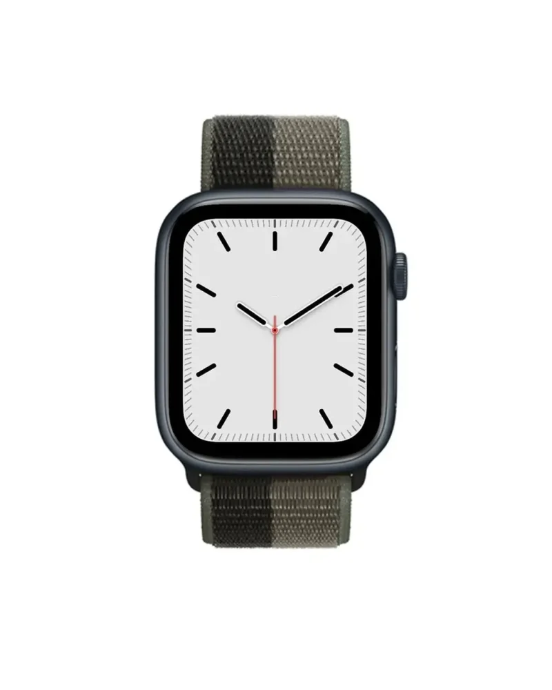 Black smartwatch with white dial and olive green fabric Sport Loop band