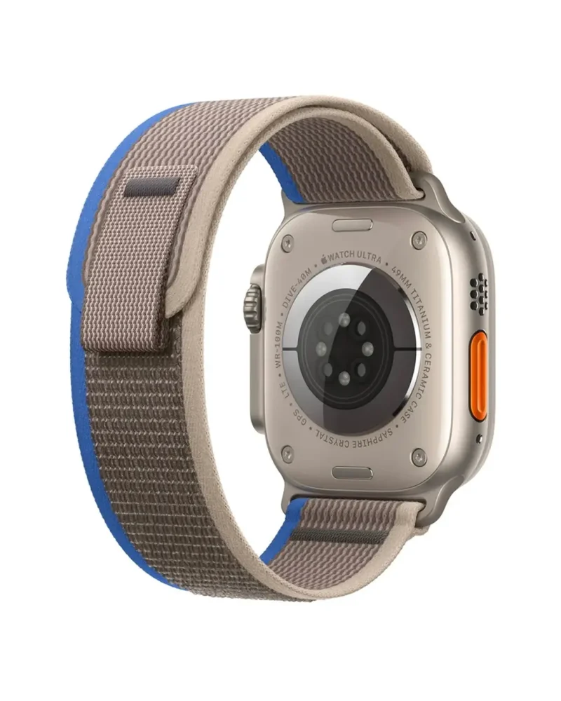 Apple Watch Ultra with blue grey Trail Loop band, titanium case smartwatch