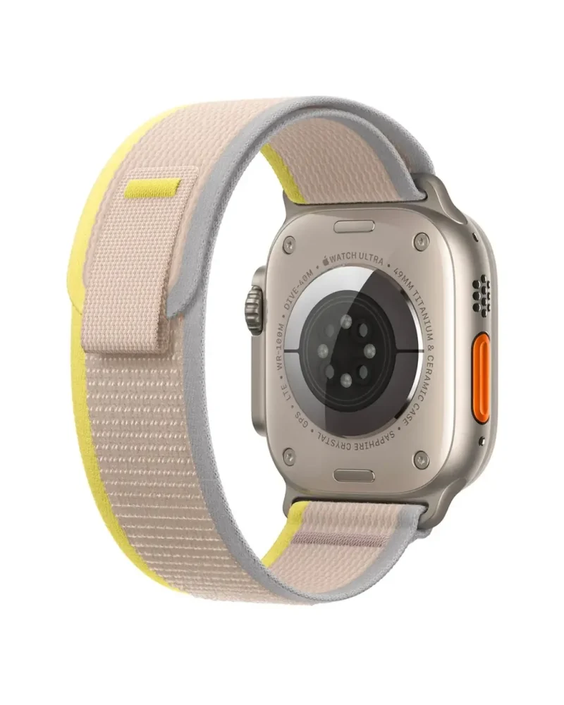 Apple Watch Ultra with yellow beige sport loop band and titanium case