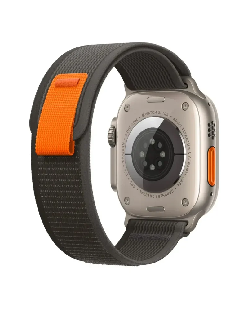 Apple Watch Ultra titanium with black grey nylon loop band orange accent
