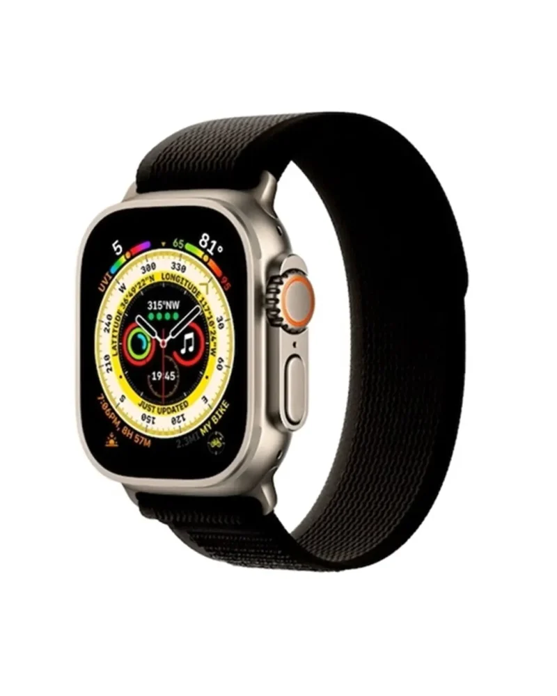 Titanium smartwatch with black sport loop band and colorful dial display