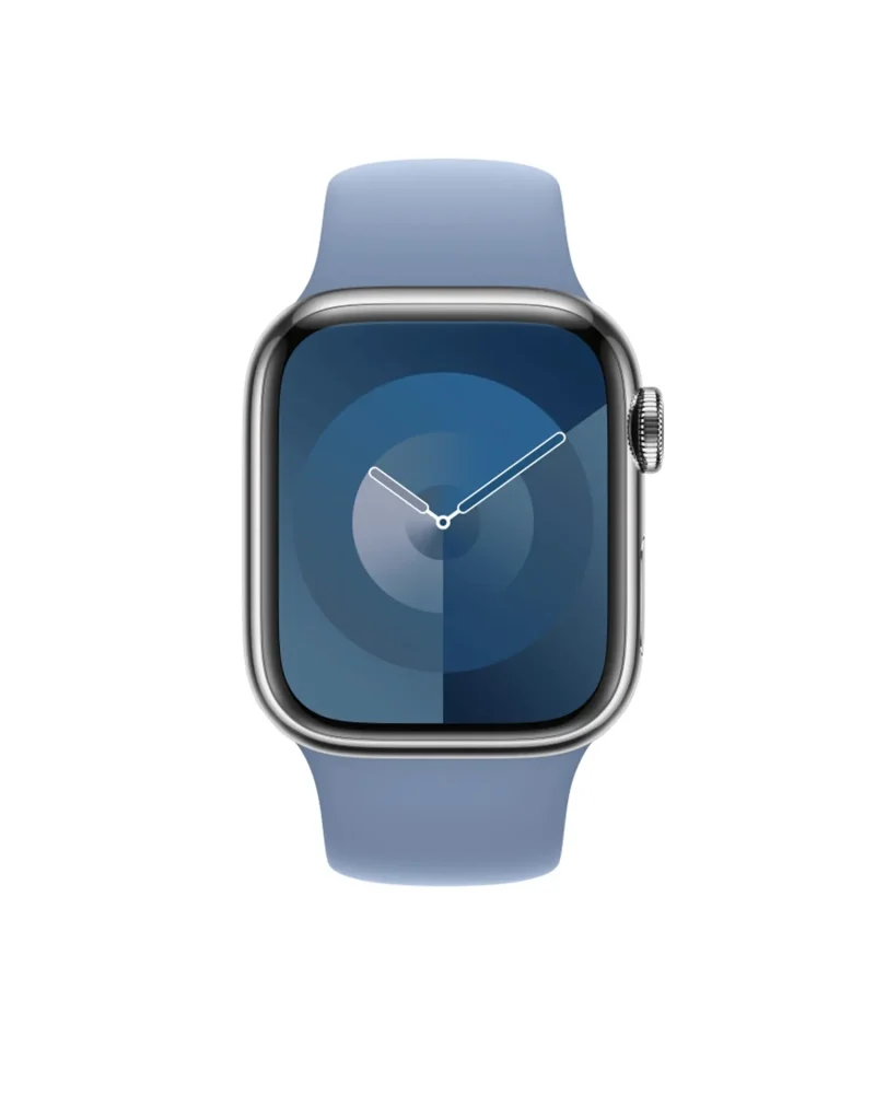 Apple Watch with winter blue sport band and stainless steel case